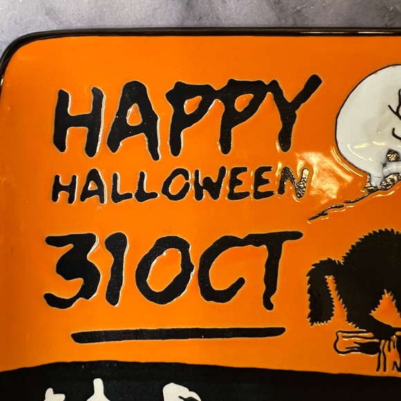 Happy Halloween Square Salad Plate Dancing Witch Skeletons Cats Oct 31 Bones - Picture 4 of 8